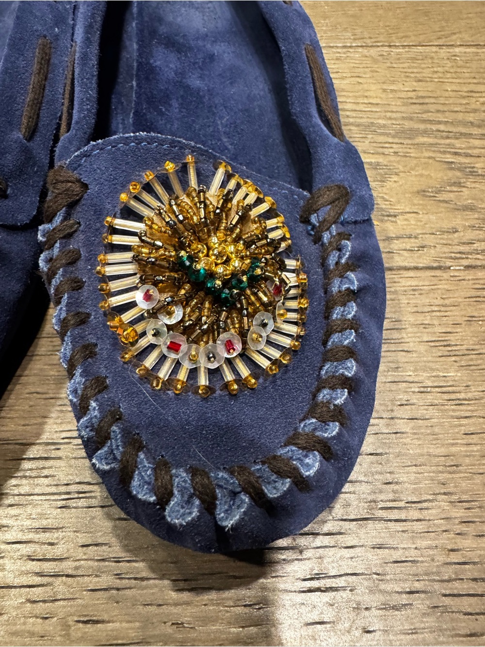 Vintage Miu Miu Navy Suede Beaded Moccasin Loafers 39.5 - Picture 3 of 7